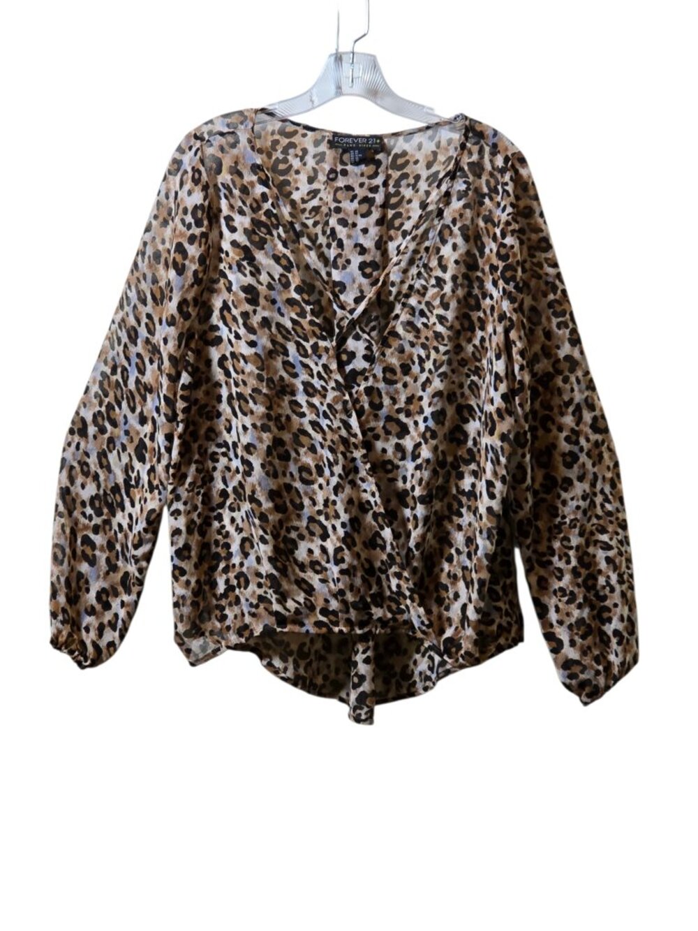 Leopard Print Plus Size Wrap Blouse Sz 12/14 Sheer Long Sleeve Surplice Top